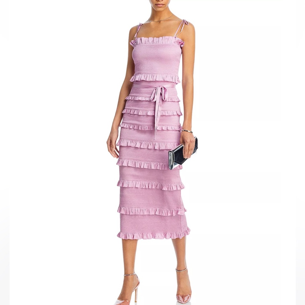 V. Chapman Lily Smocked Floral Print Ruffle Trim Midi Dress - Mauve Mist